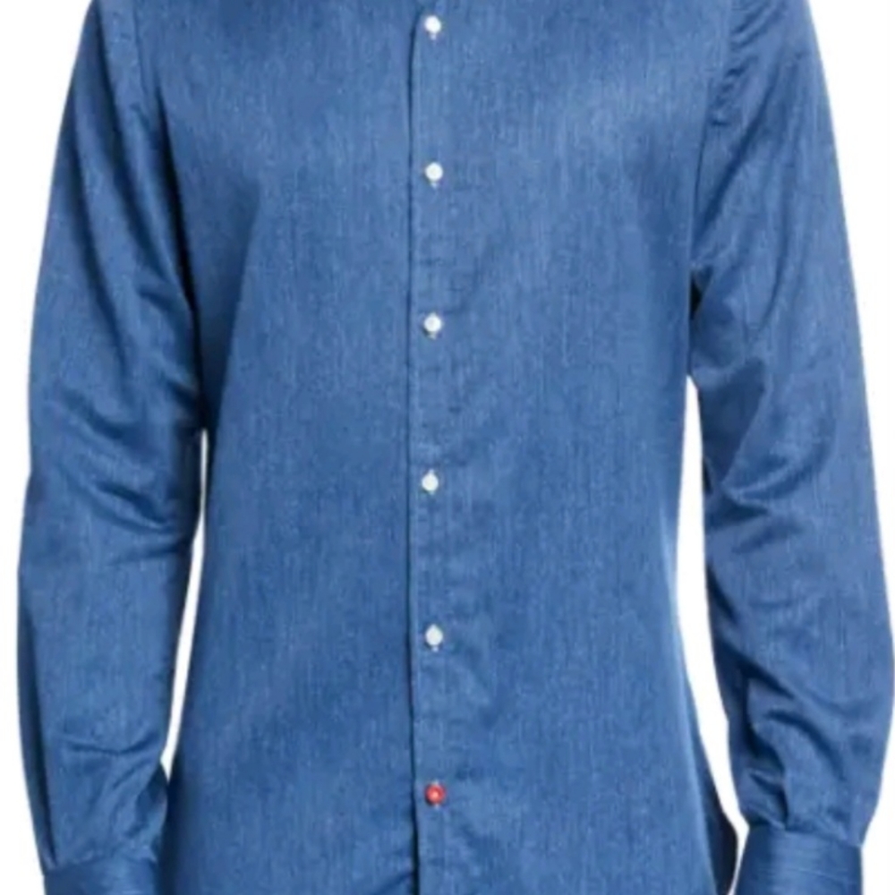 Isaia Napoli Men's Blue Chambray Button Up Long Sleeve Shirt 18/45 100% Cotton